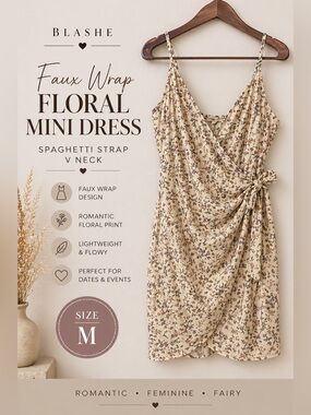 Blashe Floral Faux Wrap Mini Dress M Romantic Cottagecore Fairy V Neck